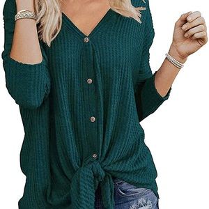 Button Down Tie Front Waffle Tunic